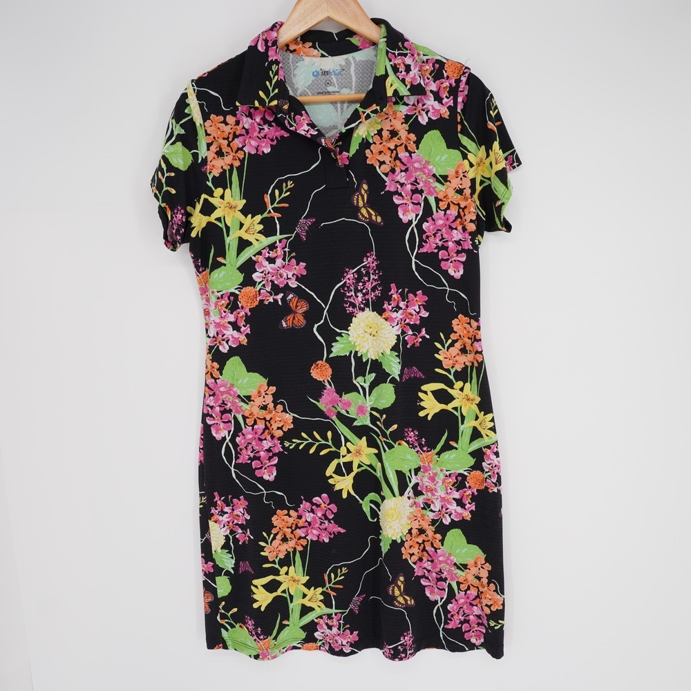IBKUL Womens Shirt Dress M Black Floral Collared Pullover Stretch Activewear